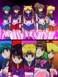  5girls adapted_costume aino_minako back_bow bishoujo_senshi_sailor_moon black_collar black_hair blonde_hair blue_choker blue_eyes blue_hair blue_sailor_collar blue_skirt boots bow brown_hair choker collar corruption double_bun earrings elbow_gloves empty_eyes gloves green_choker green_eyes green_sailor_collar green_skirt hair_bobbles hair_bow hair_bun hair_ornament hino_rei hitsugi_mc jewelry kino_makoto long_hair magical_girl mind_control mizuno_ami multiple_girls orange_choker orange_sailor_collar orange_skirt pink_bow ponytail purple_eyes red_bow red_choker red_sailor_collar red_skirt sailor_collar sailor_jupiter sailor_mars sailor_mercury sailor_moon sailor_senshi_uniform sailor_venus short_hair skirt smile tiara tsukino_usagi twintails white_gloves 