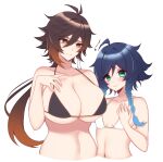  2girls absurdres black_bra blue_hair blush bra braid breasts brown_hair closed_mouth earrings genderswap genderswap_(mtf) genshin_impact green_eyes highres jewelry large_breasts long_hair midriff momochiwood multicolored_hair multiple_girls navel small_breasts smile stomach twin_braids underwear venti_(genshin_impact) white_bra yellow_eyes zhongli_(genshin_impact) 