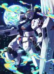  arm_shield beam_rifle char&#039;s_counterattack clenched_hand commentary_request earth_(planet) energy_gun fin_funnels flying foot_out_of_frame green_eyes gun gundam highres holding holding_gun holding_weapon insignia looking_up mecha mobile_suit no_humans nori_(arara105) nu_gundam planet profile robot science_fiction solo space star_(sky) v-fin weapon 