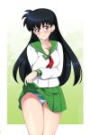  1girl black_hair blush brown_eyes finger_to_face green_sailor_collar green_skirt higurashi_kagome inuyasha lifted_by_self lindaroze long_hair miniskirt panties pleated_skirt sailor_collar school_uniform seductive_smile serafuku skirt smile striped_clothes striped_panties underwear 