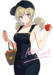  1girl :&lt; :3 :o ^_^ absurdres apple azuresakura baseball_cap basket black_headwear black_overalls blonde_hair blush bow breasts carrot casual cleavage closed_eyes collarbone cowboy_shot crown dolphin_print food fruit hair_between_eyes hair_bow hat highres holding holding_carrot holding_food holding_fruit holding_vegetable kafuru_(senran_kagura) looking_at_viewer low_twintails medium_breasts naked_overalls o-ring overalls panicking purple_eyes red_apple senran_kagura senran_kagura_estival_versus shiny_skin sideboob signature simple_background smile solo standing twintails vegetable white_background white_bow 