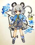  1girl animal animal_ears basket blue_capelet bobby_socks capelet closed_mouth dowsing_rod dress full_body grey_dress grey_footwear grey_hair highres holding holding_basket holding_with_tail key747h legs_apart long_sleeves looking_at_viewer medium_hair mouse mouse_ears mouse_girl mouse_tail nazrin painting_(medium) prehensile_tail red_eyes shoes short_dress smile socks solo standing straight-on tail touhou traditional_media watercolor_(medium) white_background white_socks 