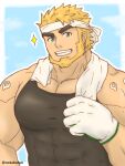  1boy bara bare_shoulders beard black_tank_top character_request covered_abs facial_hair grin headband large_pectorals live_a_hero looking_at_viewer male_cleavage male_focus mature_male muscular muscular_male notakurun pectorals short_hair sidepec smile solo sparkle tank_top thick_eyebrows towel towel_around_neck upper_body 