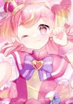  1girl ;3 blonde_hair blue_eyes blush bow bright_pupils brooch crown cure_wonderful dot_nose dress earrings hairband heart heart_brooch highres hoshizora_megu inukai_komugi jewelry long_hair magical_girl mini_crown multicolored_eyes multicolored_hair one_eye_closed paw_pose pink_dress pink_hair pink_wrist_cuffs pouch precure purple_bow purple_eyes signature smile solo streaked_hair tilted_headwear two-tone_hair two_side_up upper_body wonderful_precure! wrist_cuffs yellow_hairband 