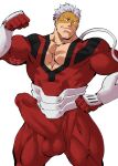  1boy bara biceps bodysuit boku_no_hero_academia bulge character_request cleavage_cutout clothing_cutout fangs feet_out_of_frame flexing grin highres huge_penis kirupi male_cleavage male_focus mature_male muscular muscular_male pectorals penis pose red_bodysuit short_hair sideburns smile solo standing thighs vambraces 