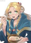  1girl blonde_hair blue_capelet blue_robe bowl braid capelet chikoinochi choker dungeon_meshi elf green_eyes hair_ribbon highres holding holding_bowl holding_spoon marcille_donato multiple_braids open_mouth pointy_ears red_ribbon ribbon robe simple_background solo spoon white_background wooden_bowl wooden_spoon 