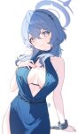  1girl absurdres ako_(blue_archive) ako_(dress)_(blue_archive) black_hairband blue_archive blue_dress blue_eyes blue_hair blue_halo blush breasts chiyo_akira closed_mouth collarbone cuffs dated dress hair_between_eyes hairband halo handcuffs highres large_breasts long_hair looking_at_viewer official_alternate_costume sideboob signature simple_background sleeveless sleeveless_dress solo white_background 