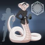  2021 albino anthro apode balancing_on_tail belly_scales clothed clothing cobra draconcopode female grey_clothing hi_res legless naga red_eyes reptile scales scalie serpentine snake snake_hood snout solo standing star_wars symbol thegrafittisoul video_games viper_(x-com) vsil_kyros white_body white_scales x-com 