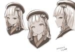  1girl beret blunt_bangs blush braid erune eyeliner granblue_fantasy greyscale hat highres long_hair looking_at_viewer makeup monochrome multiple_views nosuku pholia short_eyebrows side_braids smile 