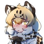  1girl animal_ears black_bow black_bowtie blonde_hair blush bow bowtie brown_hair close-up fang fur_collar glowing glowing_eyes hair_between_eyes highres jaguar_(kemono_friends) jaguar_ears jaguar_girl jaguar_print kemono_friends looking_at_viewer multicolored_hair niboshi_(niboshi_aruku) open_mouth print_scarf scarf shirt short_hair sidelocks solo white_hair white_shirt yellow_eyes 