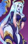  1girl artist_name black_bodysuit blue_lips blue_nails blue_skin bodysuit breasts brown_hair cleavage colored_skin contrapposto cowboy_shot dawnbringer_soraka detached_wings gradient_background grey_hair halo hand_on_own_ass highres large_breasts league_of_legends long_hair multicolored_hair nail_polish pink_background pointy_ears solo soraka_(league_of_legends) teeth torn_bodysuit torn_clothes white_hair wings xinaelle 