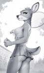 2024 anthro ball bottomwear butt clothed clothing crop_top deer female fully_clothed furgonomics greyscale hi_res mammal monochrome net outside panties scut_tail shirt short_tail skirt solo tail tennis_ball tennis_net tennis_racket topwear underwear yakovlev-vad