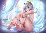  1girl absurdres amane_kanata angel angel_wings ass asymmetrical_bangs barefoot blue_hair blush breast_curtains colored_inner_hair feathered_wings feet flat_chest gradient_wings grey_hair halo highres hololive jagoo mini_wings multicolored_hair multicolored_wings no_panties pelvic_curtain purple_eyes revealing_clothes ribs see-through single_hair_intake sitting soles solo star_halo toes virtual_youtuber wings 