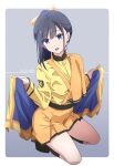  1girl black_hair blue_eyes commentary_request dated hair_ribbon highres long_sleeves looking_at_viewer medium_hair monai-chan_(nii_manabu) nii_manabu open_mouth orange_skirt original ponytail ribbon shirt signature sitting skirt smile solo thighs wariza yellow_ribbon yellow_shirt 