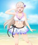  1girl absurdres alternate_costume armpits bangs beach bikini black_ribbon blush breasts cleavage closed_eyes corrin_(fire_emblem) corrin_(fire_emblem)_(female) fire_emblem fire_emblem_fates fire_emblem_heroes flower flower_necklace hair_flower hair_ornament hairband highres jewelry large_breasts lens_flare long_hair necklace official_alternate_costume platinum_blonde_hair pointy_ears ribbon seityr skirt smile swimsuit white_bikini white_swimsuit 