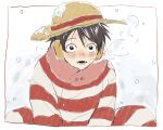  1boy artist_name black_hair blush coat fur_collar hat highres long_sleeves looking_at_viewer male_focus monkey_d._luffy multicolored_coat one_piece red_coat rokurnshu003 scar scar_on_face short_hair sitting snow solo straw_hat striped_coat two-tone_coat white_coat 