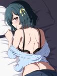  1girl bed_sheet black_bra black_hair blue_skirt blush borgbutler bra brown_eyes from_above hair_ribbon highres looking_back love_live! love_live!_nijigasaki_high_school_idol_club lying medium_hair mifune_shioriko on_bed on_stomach open_bra open_mouth pillow pleated_skirt ribbon shoulder_blades skirt solo underwear yellow_ribbon 