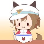  :i animal_ears blush bowl brown_background brown_hair cheval_grand_(umamusume) chibi closed_mouth ears_through_headwear eating fork gomashio_(goma_feet) gradient_background hat holding holding_fork horse_ears horse_girl horse_tail jacket long_sleeves multicolored_hair peaked_cap red_jacket streaked_hair tail track_jacket umamusume upper_body wavy_mouth white_background white_hair white_headwear |_| 