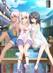  3girls bare_arms bare_shoulders between_legs black_hair blonde_hair blue_sky breasts brown_eyes building chloe_von_einzbern closed_mouth cloud collarbone commentary_request dark-skinned_female dark_skin day dress fate/kaleid_liner_prisma_illya fate_(series) grin hair_ornament hairclip hand_between_legs illyasviel_von_einzbern knees long_hair looking_at_viewer miyu_edelfelt multiple_girls official_art outdoors parted_bangs pink_hair puffy_short_sleeves puffy_sleeves purple_footwear red_eyes shirt shoes short_shorts short_sleeves shorts sidelocks sitting sky small_breasts smile socks spaghetti_strap thighs toes v water white_dress white_footwear white_socks yellow_eyes yellow_shirt 