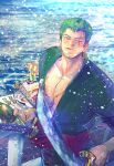  1boy birthday birthday_cake blush cake coat earrings eg_(eastg111) food green_coat green_hair happy_birthday highres holding holding_sword holding_weapon jewelry looking_at_viewer male_focus ocean one_eye_closed one_piece open_clothes pectoral_cleavage pectorals red_sash roronoa_zoro sash scar scar_across_eye scar_on_chest scar_on_face short_hair sideburns single_earring smile solo sword triple_wielding upper_body weapon 