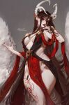  1girl aleriia_v arm_tattoo black_hair breasts breasts_apart dress earrings feathered_wings grey_background hair_between_eyes highres horns jewelry large_breasts leg_tattoo long_hair looking_at_viewer low_wings multiple_horns no_panties original pelvic_curtain pointy_ears red_eyes red_lips revealing_clothes signature solo tattoo web_address wings 