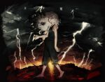  1other bare_arms barefoot black_pants black_shirt black_sky closed_mouth cloud cloudy_sky fisheye floating_hair from_side grey_hair highres lightning long_hair original pants pigeon666 profile shirt signature sky solo storm walking yellow_eyes 
