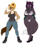2017 5_fingers alpha_channel anthro black_body black_fur black_nose blonde_hair blouse bottomwear bra breasts brown_body brown_eyes brown_fur canid canine canis cleavage clothed clothing clothing_lift denim denim_bottomwear denim_clothing domestic_dog dress dress_lift duo embarrassed female fingers footwear fox fur german_shepherd hair herding_dog humanoid_hands jeans lingerie mammal mirasuke_inhara navel panties pants pastoral_dog ponytail purple_eyes purple_hair raised_clothing raised_dress shoes simple_background skidd standing teeth the_servant_omen topwear transparent_background underwear victoria_shen