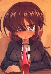  1girl black_coat black_eyes black_hair black_neckerchief blouse blush bow bowtie closed_mouth coat commentary crazy_straw crossed_arms cup dark-skinned_female dark_skin dixie_cup_hat drinking drinking_glass drinking_straw frown girls_und_panzer hair_bow hair_over_one_eye hat heart_straw highres jinguu_(4839ms) long_hair long_sleeves looking_at_viewer military_hat neckerchief ogin_(girls_und_panzer) ooarai_naval_school_uniform open_clothes open_coat ponytail pov red_bow red_bowtie sailor sailor_collar school_uniform shared_straw shirt solo sweatdrop white_headwear white_shirt 