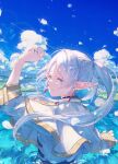  1girl absurdres capelet cloud cloudy_sky earrings frieren fuunyon highres jewelry looking_at_viewer looking_back ocean pointy_ears sky smile solo sousou_no_frieren white_capelet white_hair 