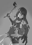  1girl absurdres asimo_(hakurei10201) axe bandana black_hair braid breasts fingerless_gloves girls_frontline gloves greyscale highres incoming_attack long_hair looking_at_viewer mac-10_(girls_frontline) medium_breasts midriff monochrome pov pov_hands scar short_shorts shorts sports_bra stitched_face stitches tom_clancy&#039;s_the_division twin_braids watch wristwatch 