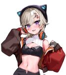  1girl :p animal_hat bare_shoulders black_headwear blush breasts brown_jacket cleavage commentary_request cropped_jacket facial_mark gloves grey_gloves grey_hair hair_between_eyes hair_ornament hairclip hands_up hat headphones headphones_around_neck highres jacket kanzarin komori_met long_sleeves looking_at_viewer navel off_shoulder open_clothes open_jacket partially_fingerless_gloves puffy_long_sleeves puffy_sleeves purple_eyes red_jacket simple_background small_breasts solo tongue tongue_out virtual_youtuber vspo! white_background 