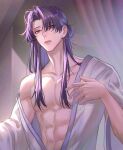  1boy abs bare_shoulders bishounen chinese_clothes curtains deer_(deer423-81) hair_over_one_eye hair_over_shoulder half_updo hand_up hanfu indoors jinshi_(kusuriya_no_hitorigoto) kusuriya_no_hitorigoto long_hair looking_at_viewer male_focus messy_hair morning nipples off_shoulder parted_lips pectorals purple_eyes purple_hair robe solo upper_body waking_up white_robe wide_sleeves 