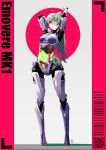  1girl android automatic_giraffe bangs barcode character_name full_body green_eyes green_hair leaning_back long_hair looking_up original ponytail qr_code science_fiction solo spine standing 