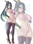  1girl absurdres bare_shoulders black_hair breasts brown_thighhighs cleavage cloud_retainer_(genshin_impact) colored_inner_hair detached_collar detached_sleeves earrings eyeliner feather_hair_ornament feathers full_body genshin_impact glasses green_eyes green_hair hair_ornament high_heels high_ponytail highleg highres jewelry large_breasts long_hair looking_at_viewer makeup melowh multicolored_hair multiple_views navel red-framed_eyewear sideboob slingshot_swimsuit smile stomach swept_bangs swimsuit tassel tassel_earrings thighhighs two-tone_hair variant_set xianyun_(genshin_impact) 
