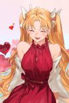  1girl absurdres ahoge balloon bare_shoulders blonde_hair blush choroi_amachori closed_eyes commentary_request cross cross_necklace dress earrings ereshkigal_(bitter_sweet)_(fate) ereshkigal_(fate) fate/grand_order fate_(series) hair_ribbon heart heart_balloon highres jewelry latin_cross long_hair lower_teeth_only necklace official_alternate_costume open_mouth parted_bangs pink_background red_dress ribbon simple_background sitting sleeveless sleeveless_dress smile solo teeth two_side_up very_long_hair white_ribbon 