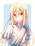  1girl bad_id bad_pixiv_id blonde_hair blue_background blurry border character_request closed_mouth copyright_request depth_of_field gloves hair_between_eyes highres long_hair looking_at_viewer orange_eyes outside_border radioz red_eyes shirt sidelocks smile soccer_uniform solo sportswear tunic upper_body very_long_hair white_border white_shirt 