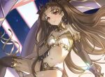  1girl asymmetrical_legwear asymmetrical_sleeves black_panties black_sleeves black_thighhighs box_(hotpppink) bra breasts brown_hair cleavage closed_mouth collarbone detached_sleeves earrings fate/grand_order fate_(series) floating_hair groin hair_intakes ishtar_(fate) jewelry long_hair looking_at_viewer navel panties red_eyes single_sleeve single_thighhigh small_breasts solo strapless strapless_bra thighhighs underwear underwear_only very_long_hair white_bra 