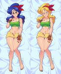  2girls absurdres bare_legs blonde_hair blue_hair blush breasts clenched_teeth crop_top dakimakura_(medium) dragon_ball dragon_ball_(classic) dual_persona female_pubic_hair fingerless_gloves gloves green_tank_top hairband highres knees_together_feet_apart looking_at_viewer lunch_(bad)_(dragon_ball) lunch_(dragon_ball) lunch_(good)_(dragon_ball) lying multiple_girls on_back open_fly pubic_hair pubic_hair_peek red_hairband scowl short_shorts shorts smile tank_top teeth toes yellow_shorts zeshgolden 