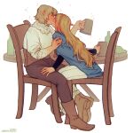  2girls blonde_hair blush braid chair colored_skin couple cup diezmil10000 drunk dungeon_meshi falin_thorden falin_thorden_(tallman) feathers full_body highres holding holding_cup hug kiss long_hair marcille_donato medium_hair monster_girl multicolored_skin multiple_girls pointy_ears simple_background sitting squeans two-tone_skin white_background yuri 