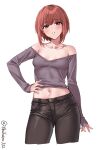 1girl alternate_costume blush breasts brown_eyes brown_hair cowboy_shot denim ebifurya highres jeans kantai_collection long_sleeves looking_at_viewer navel open_mouth pants short_hair small_breasts solo stomach twitter_username white_background z3_max_schultz_(kancolle) 
