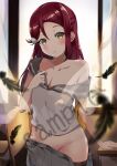  1girl black_feathers blurry blurry_foreground blush breasts chair classroom cleavage collarbone curtains desk grey_shirt grey_skirt groin hair_between_eyes hair_ornament hairclip highres indoors long_hair looking_at_viewer love_live! love_live!_sunshine!! medium_breasts mia_(fai1510) midriff navel off_shoulder open_clothes open_mouth open_skirt pleated_skirt sakurauchi_riko sample school_uniform shiny shiny_hair shirt skirt solo standing stomach uranohoshi_school_uniform yellow_eyes 