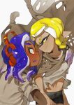  1boy 1girl bike_shorts black_shorts blonde_hair blue_hair blush braid braided_sidelock brown_cape cape closed_mouth commentary dark-skinned_male dark_skin eye_contact eyebrow_cut eyelashes headphones highres inkling inkling_girl inkling_player_character looking_at_another medium_hair midriff navel octoling octoling_boy octoling_player_character pointy_ears redbeanpie0 shirt shorts simple_background single_braid smile splatoon_(series) splatoon_3 tentacle_hair torn_cape torn_clothes torn_shirt wavy_mouth white_background white_shirt yellow_eyes 