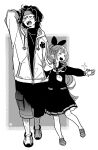  1boy 1girl absurdres anko_(himukai_yuuji) bow closed_eyes dress full_body glasses greyscale hair_bow highres himukai_yuuji holding_another&#039;s_arm hood hoodie loafers monochrome neckerchief original sailor_dress shoes shorts smile sneakers yawning 