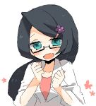  1girl applecider black_hair blue_eyes blush eyebrows fennel_(pokemon) glasses hair_ornament hands_up labcoat looking_at_viewer lowres nintendo pink_shirt pokemon pokemon_(game) pokemon_bw raised_eyebrows shirt solo white_background 