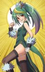 1girl ass blonde_hair blush breasts china_dress chinese_clothes chinese_zodiac dragon_girl dragon_horns dragon_tail dress fur_trim gloves green_dress green_hair highres horns long_hair looking_at_viewer multicolored_hair ogi_non original ponytail red_eyes sharp_teeth small_breasts smile solo tail teeth thighhighs two-tone_hair year_of_the_dragon 