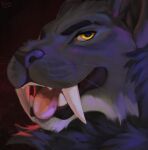 2024 anthro big_fangs black_eyebrows black_nose bust_portrait cheek_tuft dated eyebrows facial_tuft famir_(artist) fangs felid fur grey_body grey_fur hi_res looking_at_viewer male mammal narrowed_eyes open_mouth pink_tongue portrait signature solo teeth tongue tongue_out tuft whiskers yellow_eyes