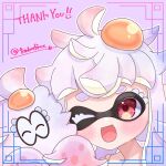  1girl :d artist_name border closed_eyes commentary_request commission egg_yolk highres inkling inkling_girl inkling_player_character inset_border long_hair one_eye_closed open_mouth ornate_border pointy_ears purple_background purple_hair red_eyes smile splatoon_(series) tentacle_hair thank_you thick_eyebrows tonbofree twitter_username upper_body 
