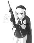  1girl bangs beret blake blunt_bangs breasts girls_frontline gun hat highres looking_at_viewer medium_breasts monochrome short_hair shotgun six12 six12_(girls_frontline) smile solo weapon 