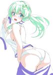  0002koko 1girl absurdres aqua_eyes ass bare_shoulders breasts embarrassed frog_hair_ornament green_eyes green_hair hair_ornament highres kochiya_sanae looking_back open_mouth panties simple_background solo touhou underwear white_background white_panties 