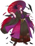  1boy dairoku_ryouhei eyepatch feathers floral_print full_body jm_pbw kamikari_kafuka kiseru long_sleeves male_focus oil-paper_umbrella red_hair red_wings smoking smoking_pipe solo spider_lily_print standing transparent_background umbrella wings yellow_eyes 